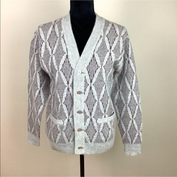 VINTAGE LAMBSWOOL UNIQUE GEOMETRIC DESIGN CARDIGAN - Picture 2 of 9